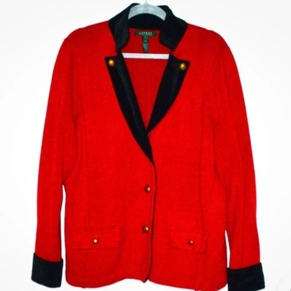 VTG Ralph Lauren Women Red Cardigan SweaterJacket Black Velvet Collar 2X Holiday - Picture 1 of 4